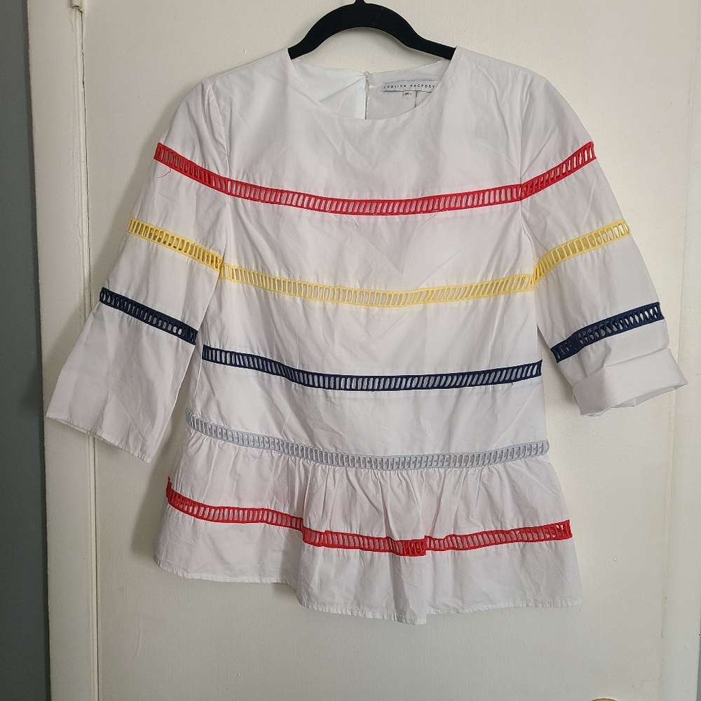English Factory Chick Women Ladder  Lace 3/4 Sleeves 100% Cotton Shirt Size XS